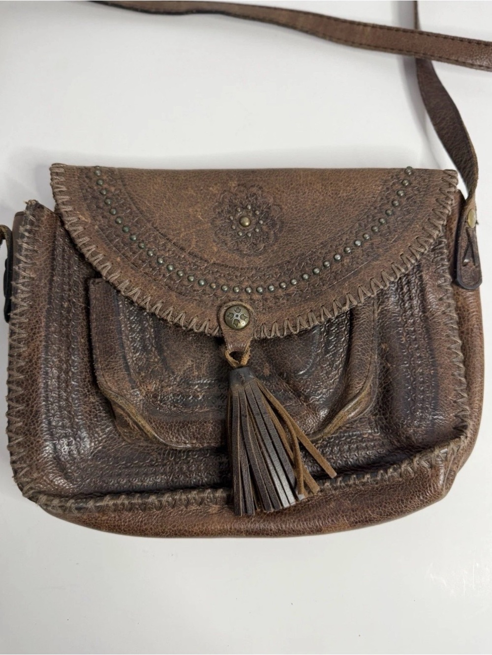 Patricia Nash Beaumont Leather Crossbody Bag Flap Purse Brown Studded Tassel VTG